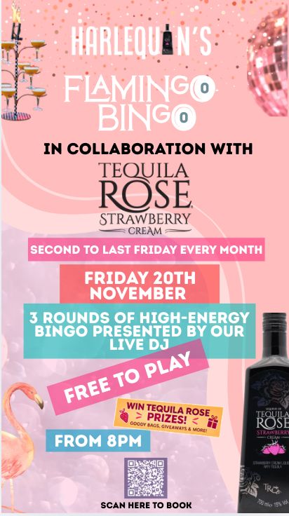 Harlequin's Flamingo Bingo poster in collaboration with Tequila Rose Strawberry Cream: Friday 20th November from 8pm, free to play, 3 rounds of bingo with a live DJ